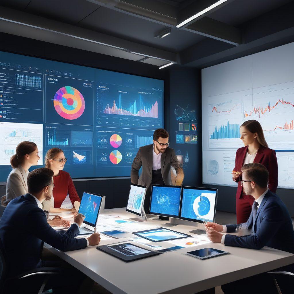 A dynamic collage showing a diverse group of professionals gathered around a large touchscreen displaying colorful data visualizations, charts, and graphs. The background features a modern office environment with bright screens and charts, illustrating collaboration and innovation in market analysis. Incorporate elements like magnifying glasses or lightbulbs to symbolize insights and discovery. super-realistic. vibrant colors. modern style.